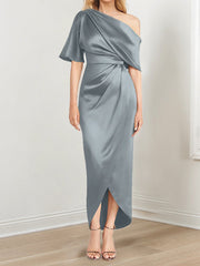 Sheath Column One Shoulder Short Sleeves Asymmetrical Mother Of The Bride Dresses With Ruffles