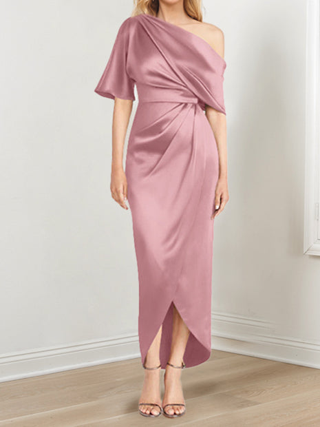 Sheath Column One Shoulder Short Sleeves Asymmetrical Mother Of The Bride Dresses With Ruffles