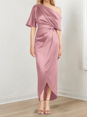 Sheath Column One Shoulder Short Sleeves Asymmetrical Mother Of The Bride Dresses With Ruffles