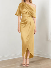 Sheath Column One Shoulder Short Sleeves Asymmetrical Mother Of The Bride Dresses With Ruffles