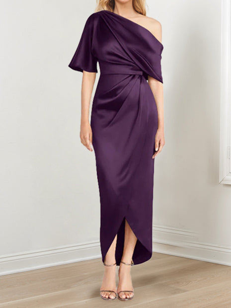 Sheath Column One Shoulder Short Sleeves Asymmetrical Mother Of The Bride Dresses With Ruffles