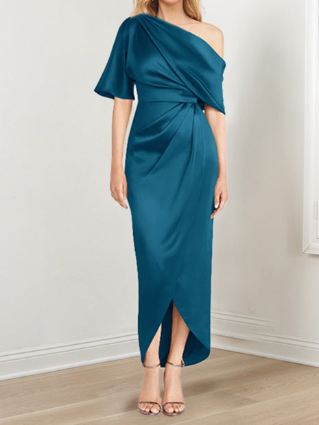 Sheath Column One Shoulder Short Sleeves Asymmetrical Mother Of The Bride Dresses With Ruffles