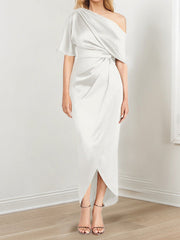Sheath Column One Shoulder Short Sleeves Asymmetrical Mother Of The Bride Dresses With Ruffles