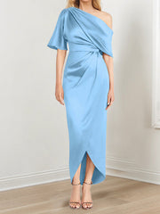 Sheath Column One Shoulder Short Sleeves Asymmetrical Mother Of The Bride Dresses With Ruffles