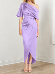 Sheath Column One Shoulder Short Sleeves Asymmetrical Mother Of The Bride Dresses With Ruffles