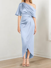 Sheath Column One Shoulder Short Sleeves Asymmetrical Mother Of The Bride Dresses With Ruffles