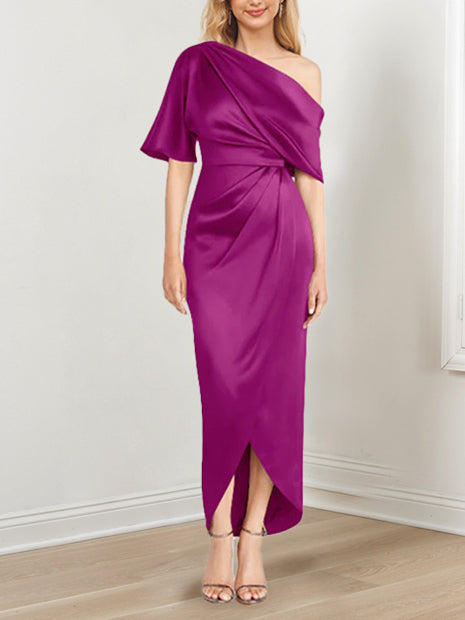 Sheath Column One Shoulder Short Sleeves Asymmetrical Mother Of The Bride Dresses With Ruffles