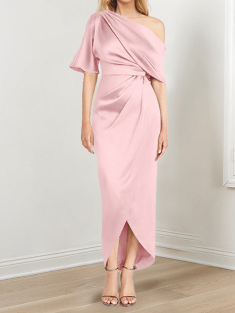 Sheath Column One Shoulder Short Sleeves Asymmetrical Mother Of The Bride Dresses With Ruffles