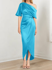 Sheath Column One Shoulder Short Sleeves Asymmetrical Mother Of The Bride Dresses With Ruffles