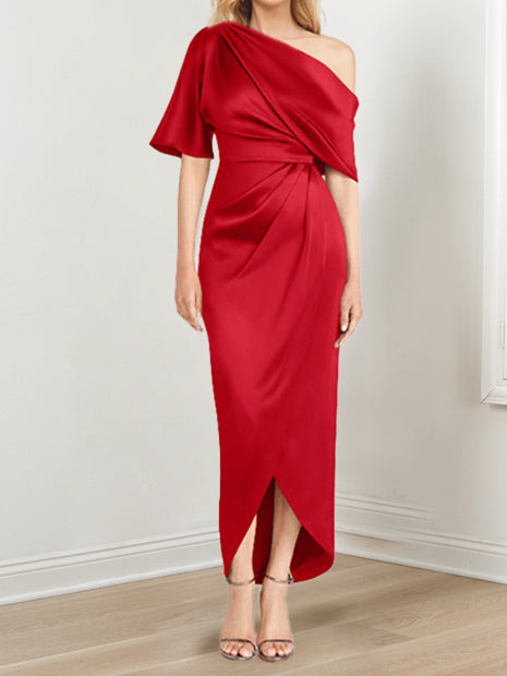 Sheath Column One Shoulder Short Sleeves Asymmetrical Mother Of The Bride Dresses With Ruffles