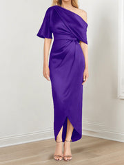 Sheath Column One Shoulder Short Sleeves Asymmetrical Mother Of The Bride Dresses With Ruffles