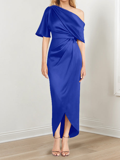 Sheath Column One Shoulder Short Sleeves Asymmetrical Mother Of The Bride Dresses With Ruffles