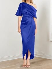 Sheath Column One Shoulder Short Sleeves Asymmetrical Mother Of The Bride Dresses With Ruffles