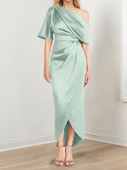 Sheath Column One Shoulder Short Sleeves Asymmetrical Mother Of The Bride Dresses With Ruffles