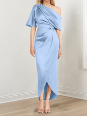 Sheath Column One Shoulder Short Sleeves Asymmetrical Mother Of The Bride Dresses With Ruffles