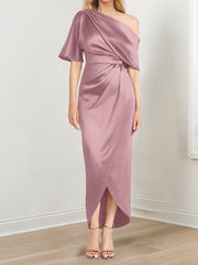 Sheath Column One Shoulder Short Sleeves Asymmetrical Mother Of The Bride Dresses With Ruffles