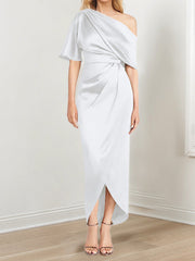 Sheath Column One Shoulder Short Sleeves Asymmetrical Mother Of The Bride Dresses With Ruffles