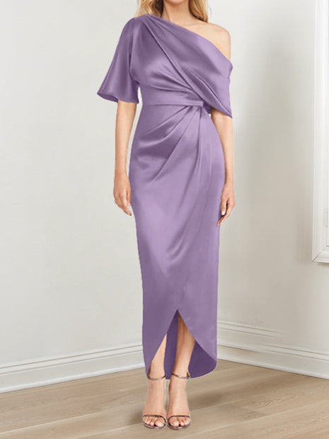 Sheath Column One Shoulder Short Sleeves Asymmetrical Mother Of The Bride Dresses With Ruffles