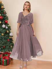 A Line Princess V Neck Ankle Length Mother Of The Bride Dresses