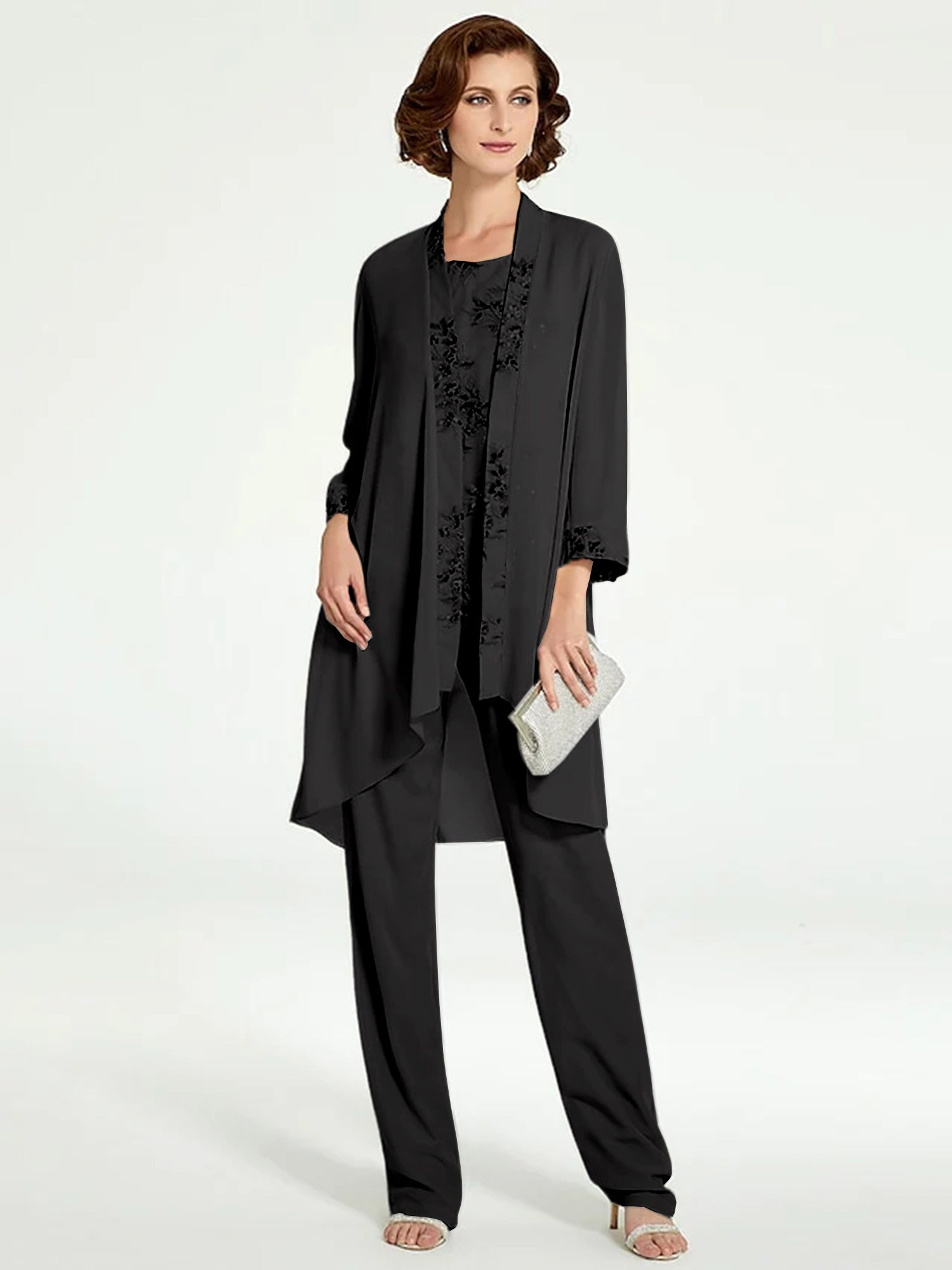 Chiffon Round Neck Floor Length Mother Of The Bride Pantsuits With Jacket