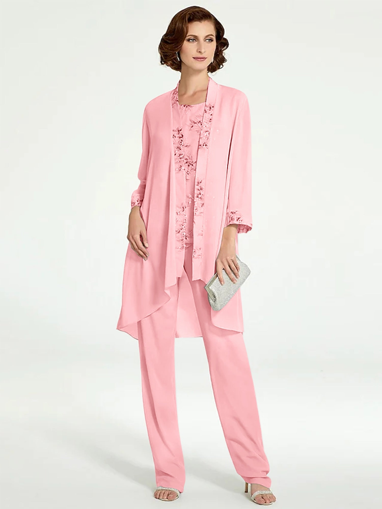 Chiffon Round Neck Floor Length Mother Of The Bride Pantsuits With Jacket