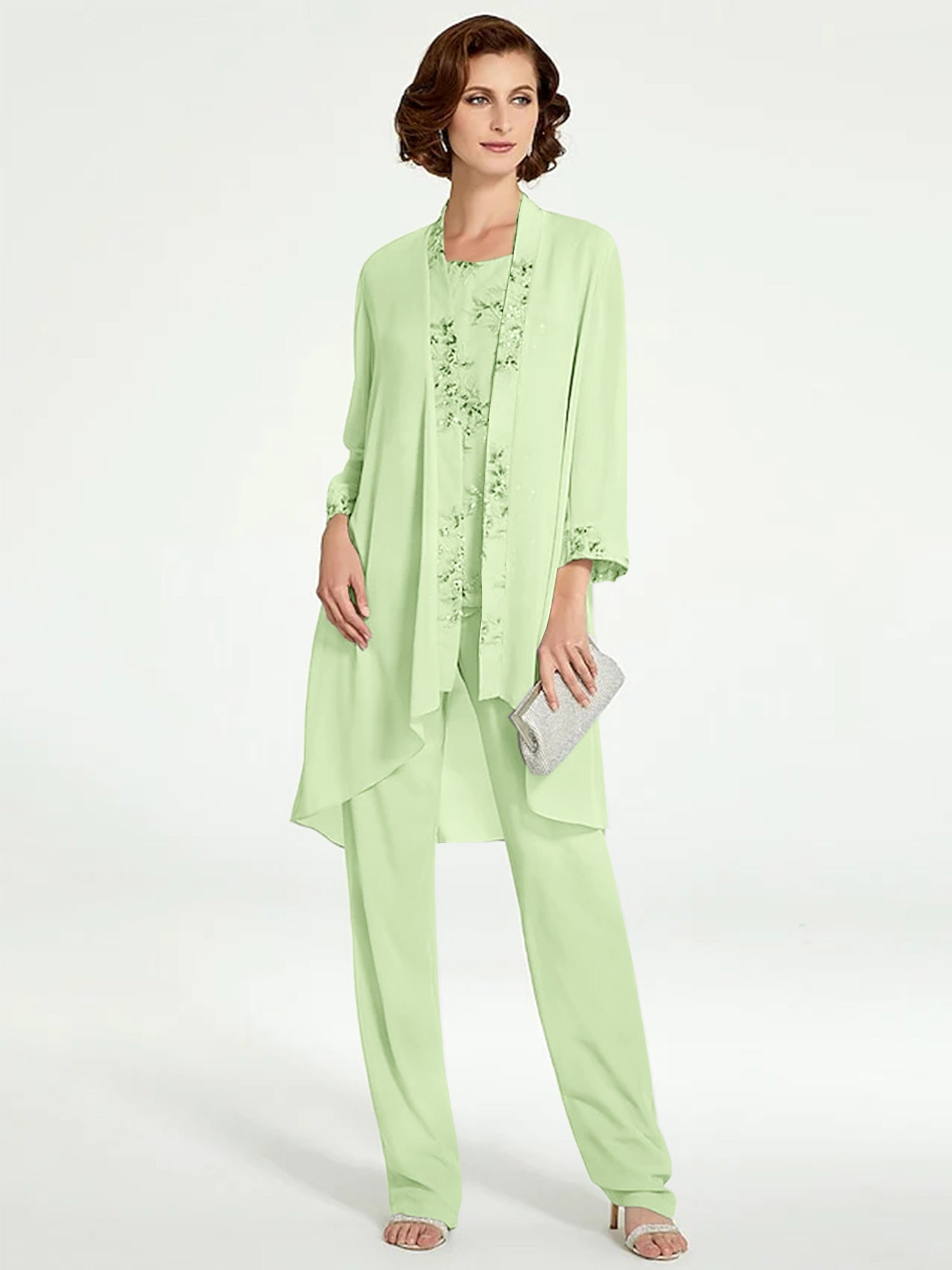 Chiffon Round Neck Floor Length Mother Of The Bride Pantsuits With Jacket