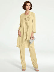 Chiffon Round Neck Floor-Length Mother of the Bride Pantsuits with Jacket