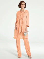 Chiffon Round Neck Floor Length Mother Of The Bride Pantsuits With Jacket