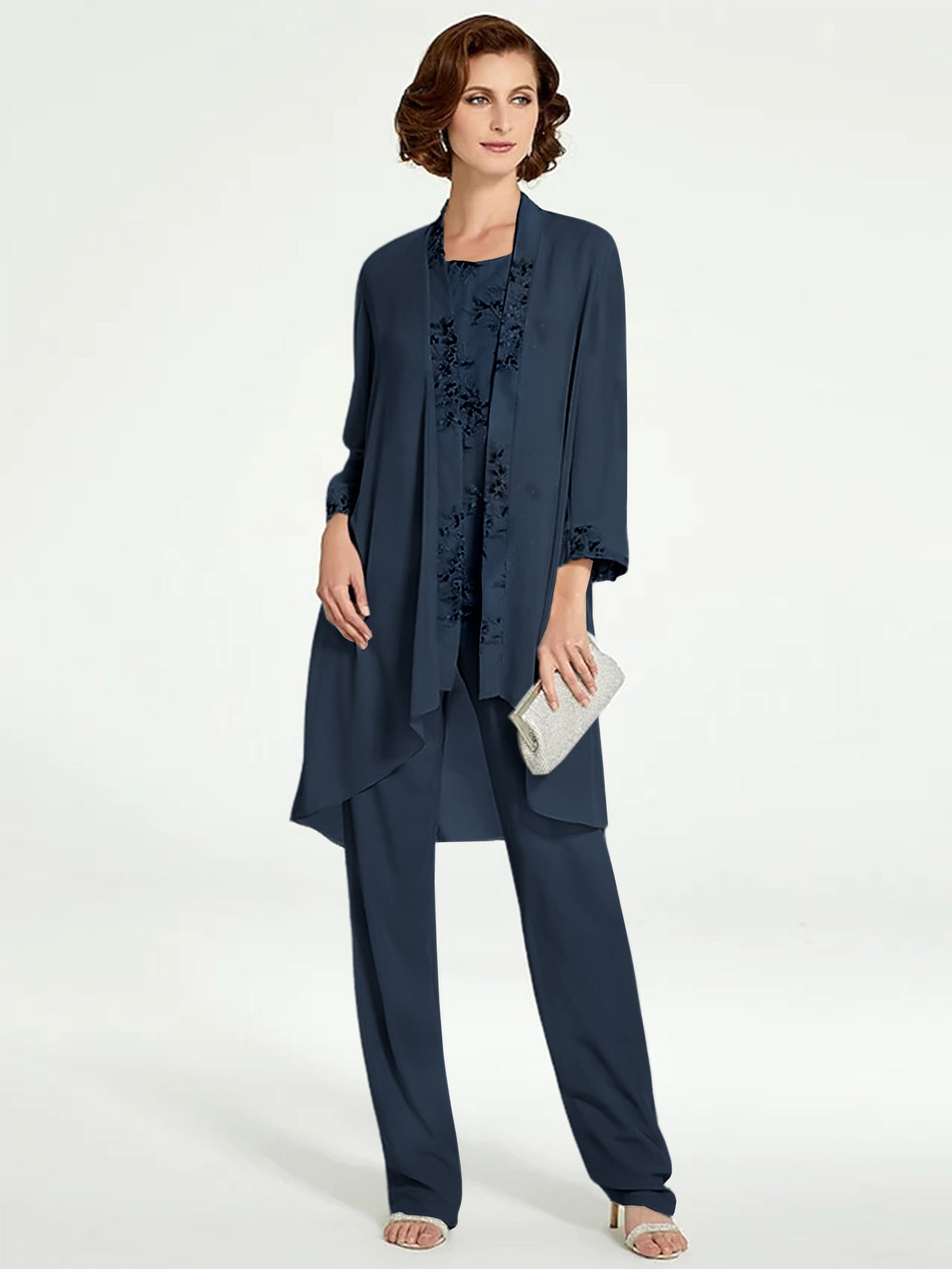 Chiffon Round Neck Floor Length Mother Of The Bride Pantsuits With Jacket