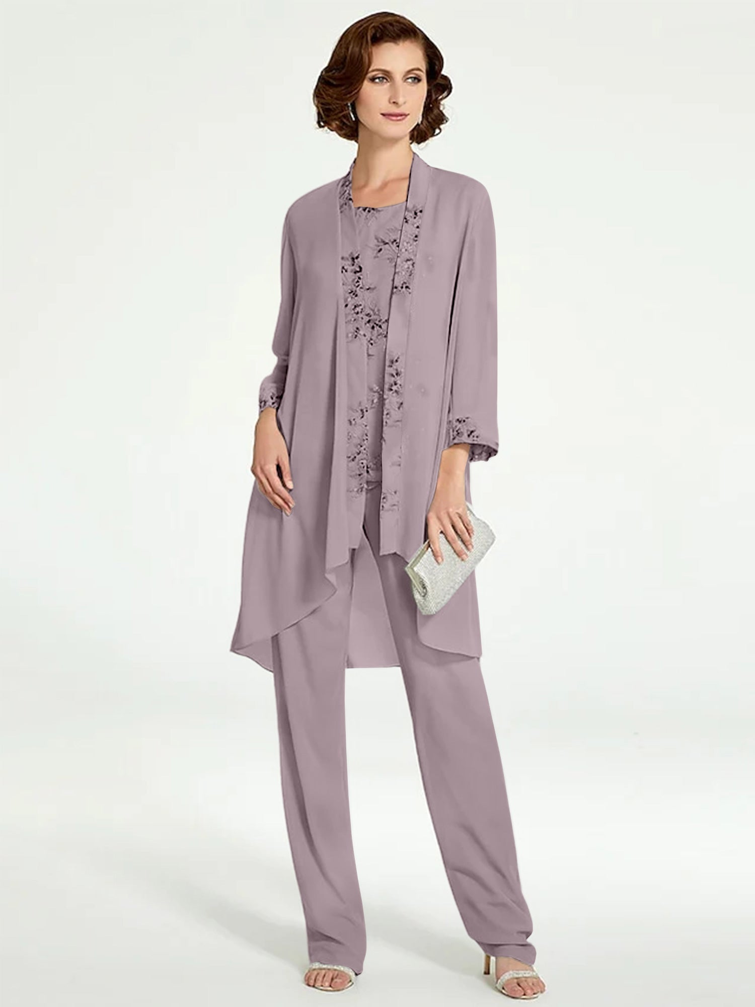 Chiffon Round Neck Floor Length Mother Of The Bride Pantsuits With Jacket