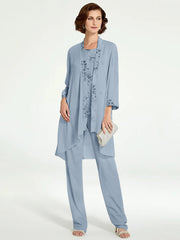 Chiffon Round Neck Floor Length Mother Of The Bride Pantsuits With Jacket
