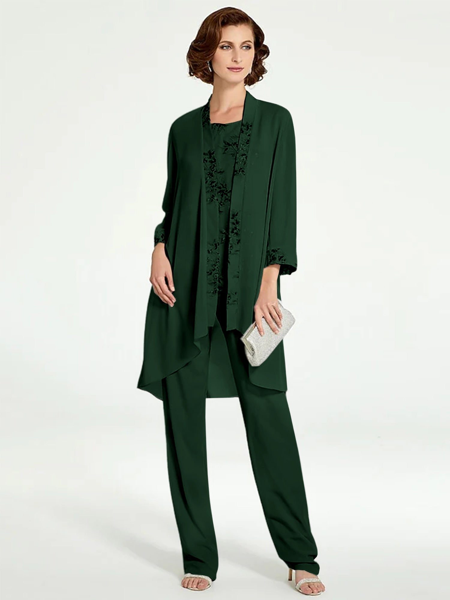 Chiffon Round Neck Floor Length Mother Of The Bride Pantsuits With Jacket