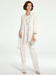 Chiffon Round Neck Floor Length Mother Of The Bride Pantsuits With Jacket