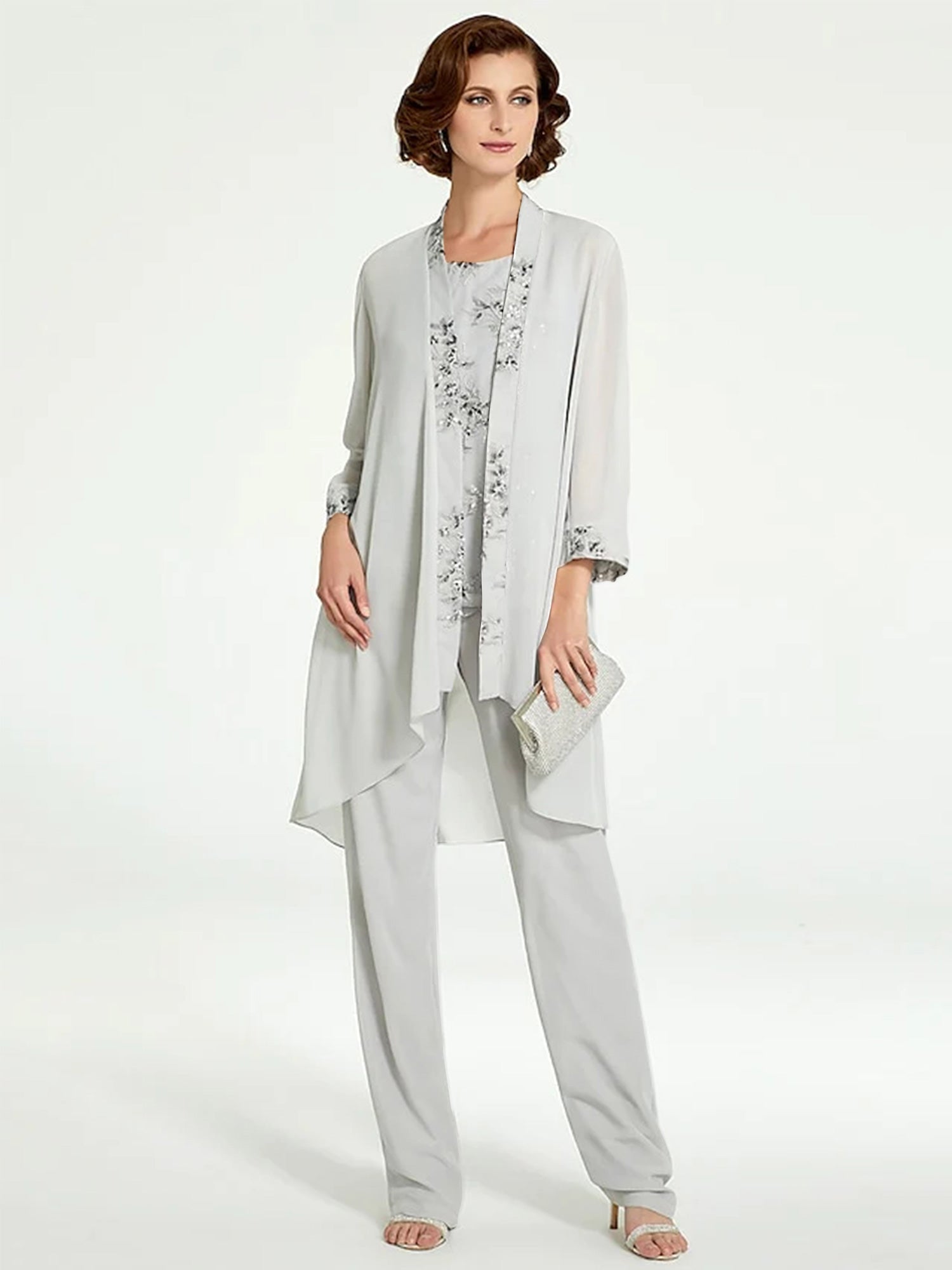Chiffon Round Neck Floor Length Mother Of The Bride Pantsuits With Jacket