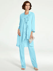 Chiffon Round Neck Floor Length Mother Of The Bride Pantsuits With Jacket