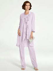 Chiffon Round Neck Floor Length Mother Of The Bride Pantsuits With Jacket