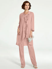 Chiffon Round Neck Floor Length Mother Of The Bride Pantsuits With Jacket