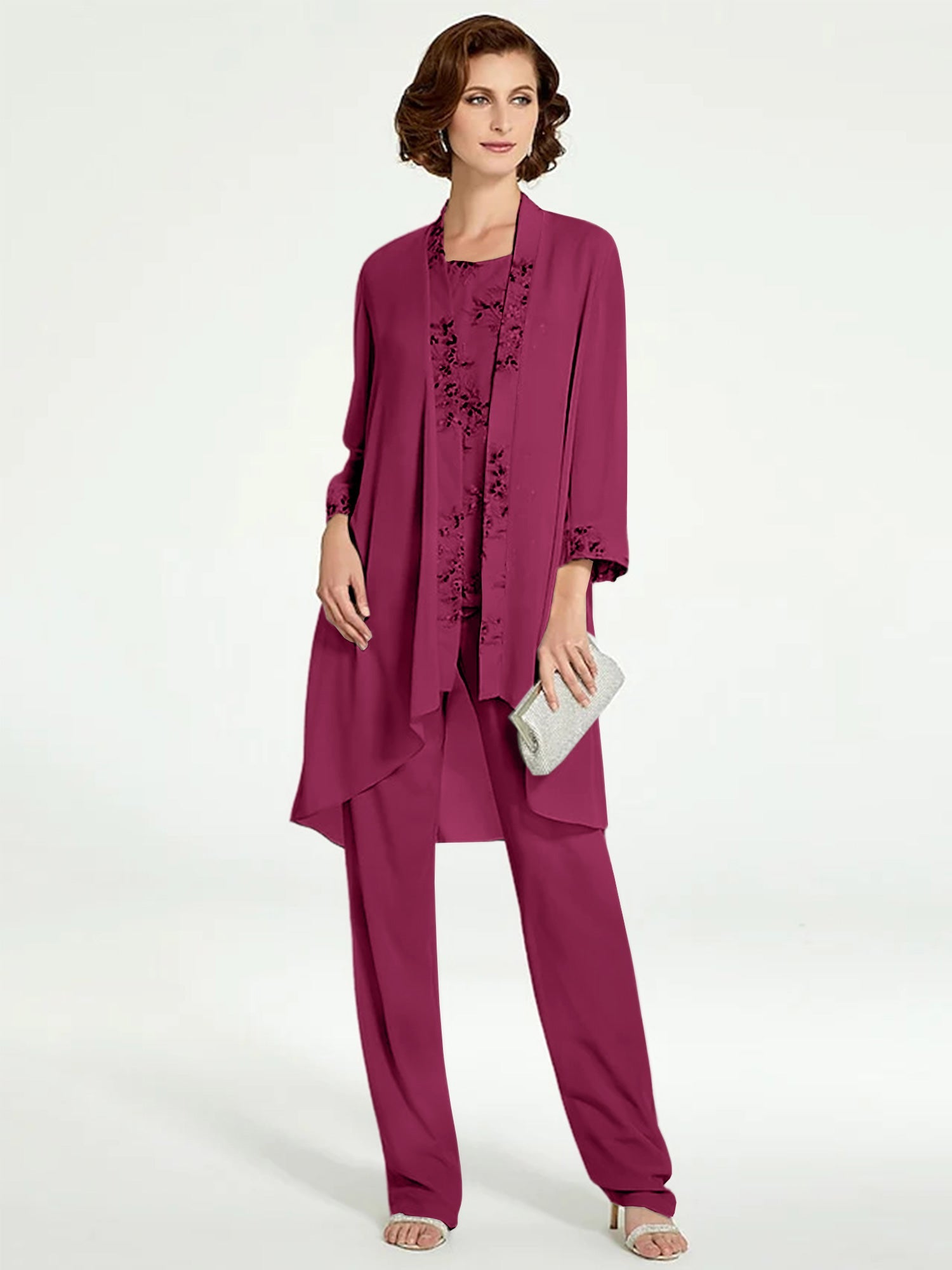 Chiffon Round Neck Floor Length Mother Of The Bride Pantsuits With Jacket