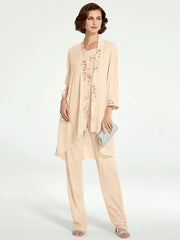 Chiffon Round Neck Floor Length Mother Of The Bride Pantsuits With Jacket