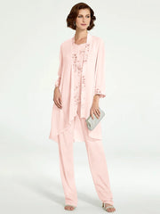 Chiffon Round Neck Floor Length Mother Of The Bride Pantsuits With Jacket