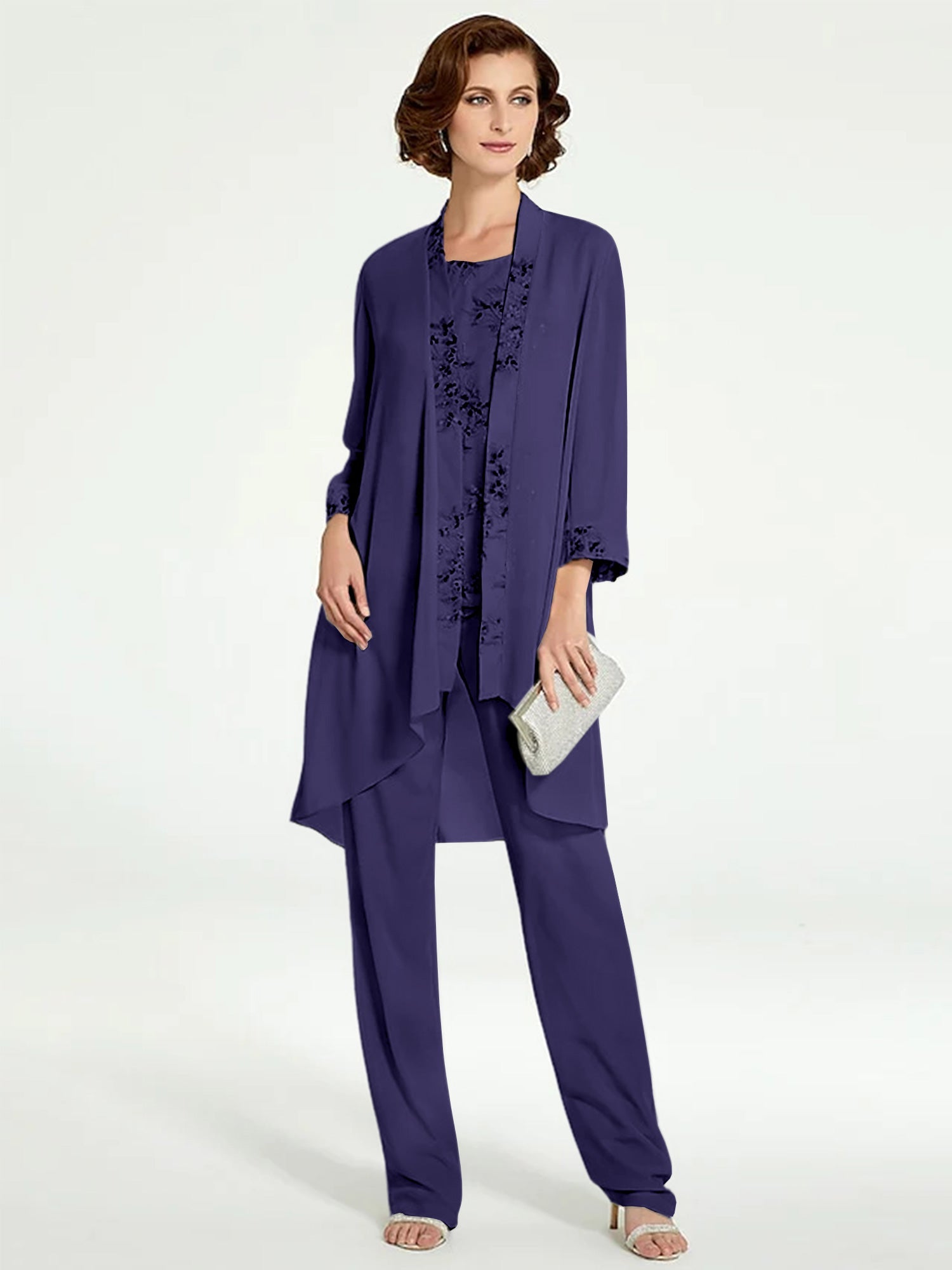 Chiffon Round Neck Floor Length Mother Of The Bride Pantsuits With Jacket