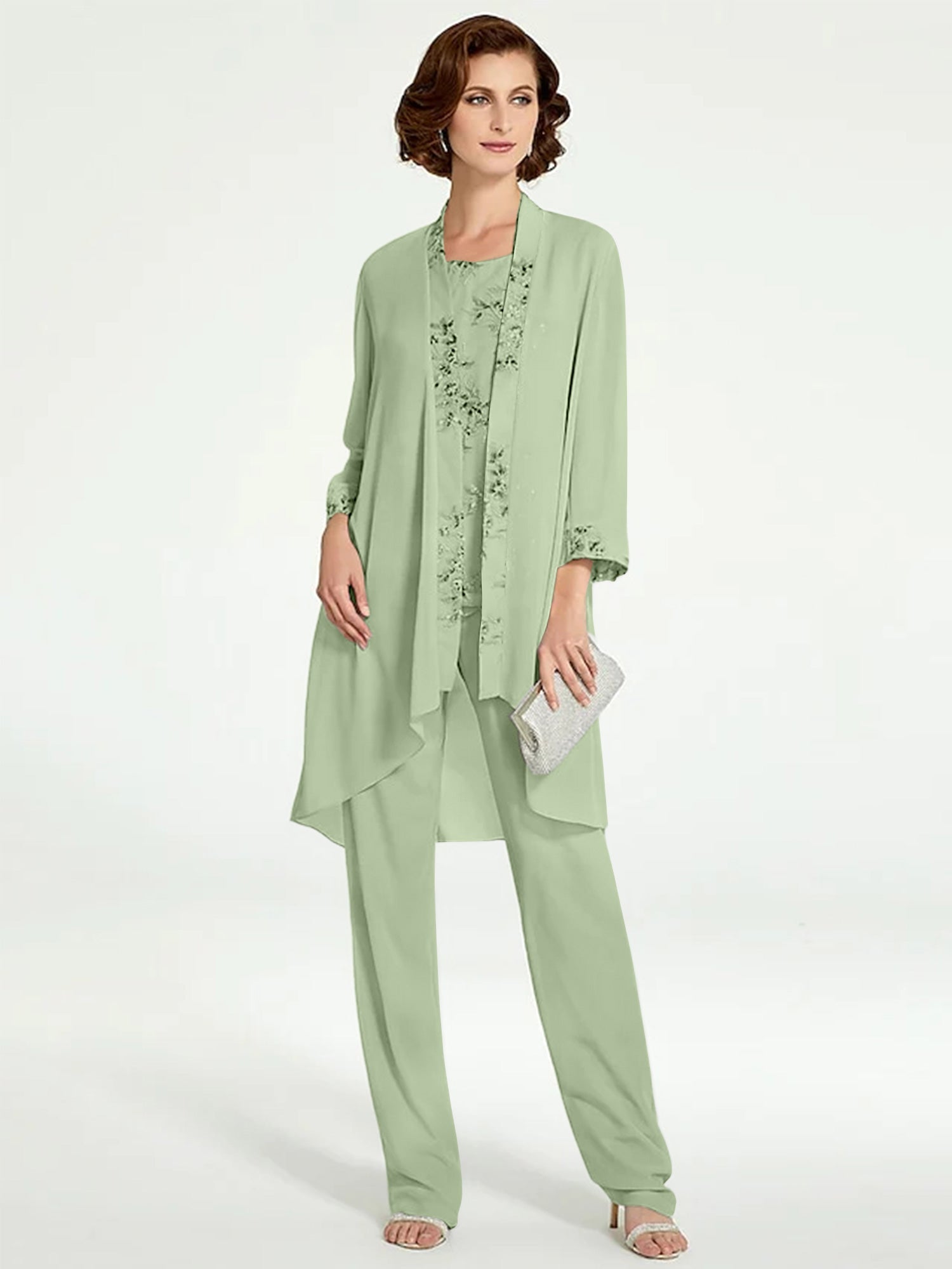 Chiffon Round Neck Floor Length Mother Of The Bride Pantsuits With Jacket