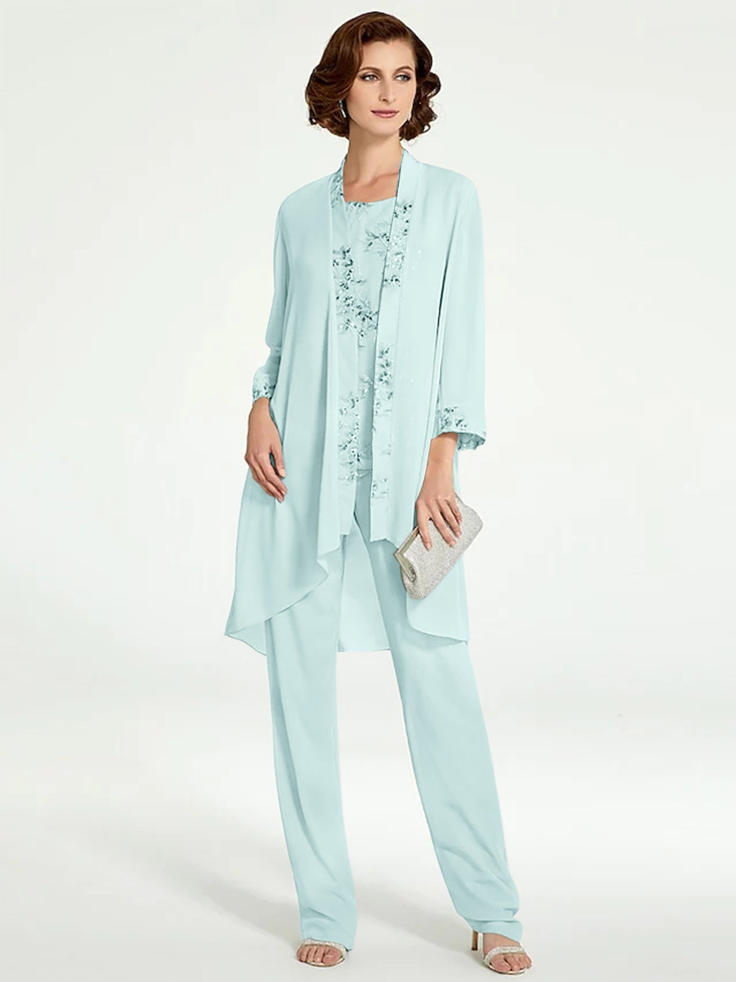 Chiffon Round Neck Floor Length Mother Of The Bride Pantsuits With Jacket