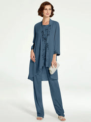 Chiffon Round Neck Floor Length Mother Of The Bride Pantsuits With Jacket