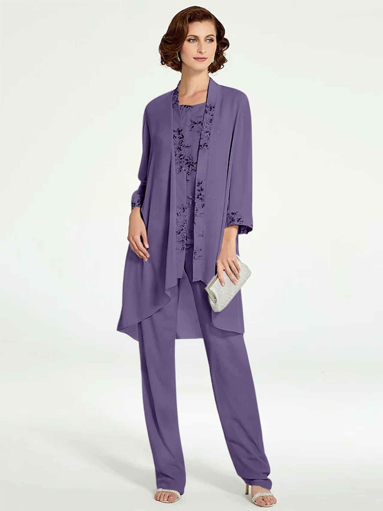Chiffon Round Neck Floor Length Mother Of The Bride Pantsuits With Jacket