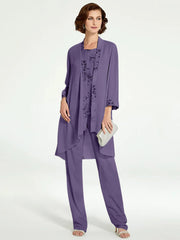 Chiffon Round Neck Floor Length Mother Of The Bride Pantsuits With Jacket