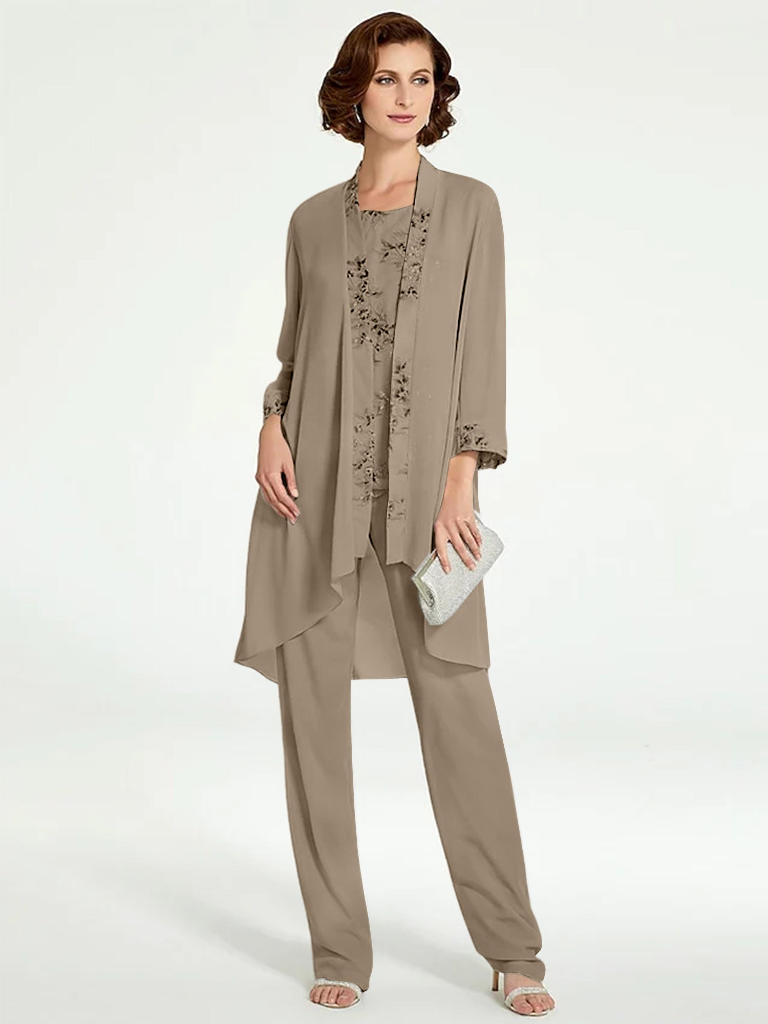 Chiffon Round Neck Floor Length Mother Of The Bride Pantsuits With Jacket