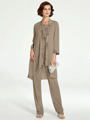 Chiffon Round Neck Floor Length Mother Of The Bride Pantsuits With Jacket
