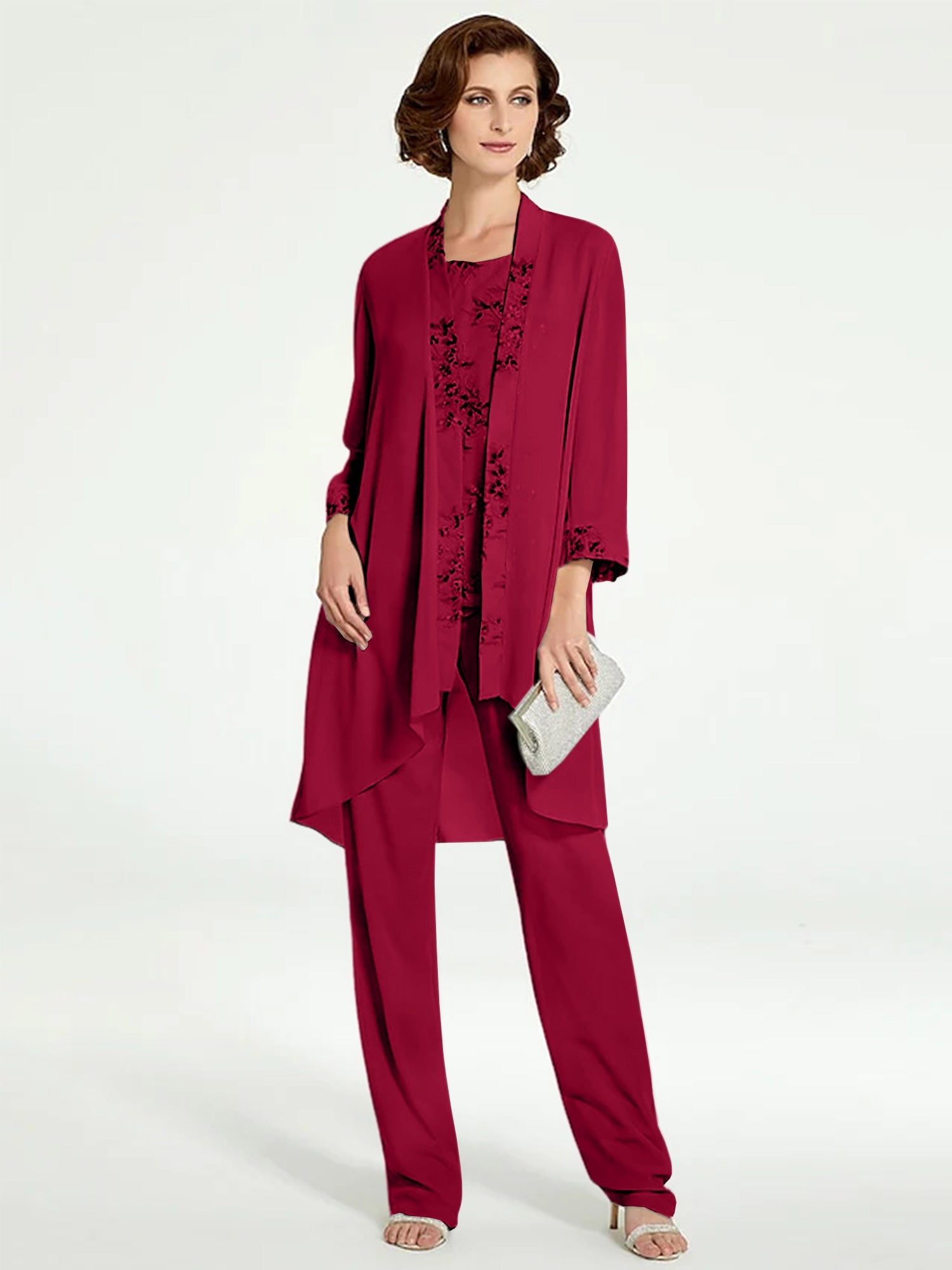 Chiffon Round Neck Floor Length Mother Of The Bride Pantsuits With Jacket