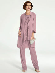 Chiffon Round Neck Floor Length Mother Of The Bride Pantsuits With Jacket